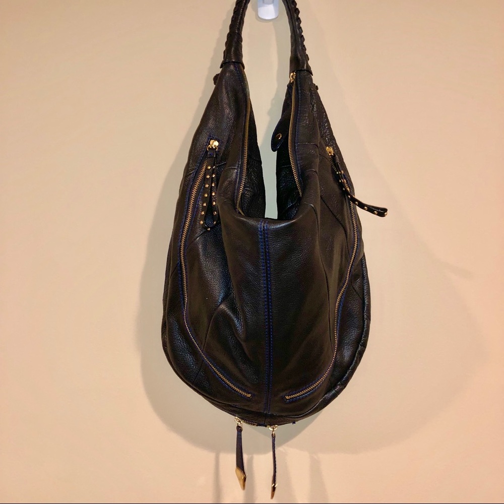 Black Faux Leather Multi Zipper Hobo Satchel